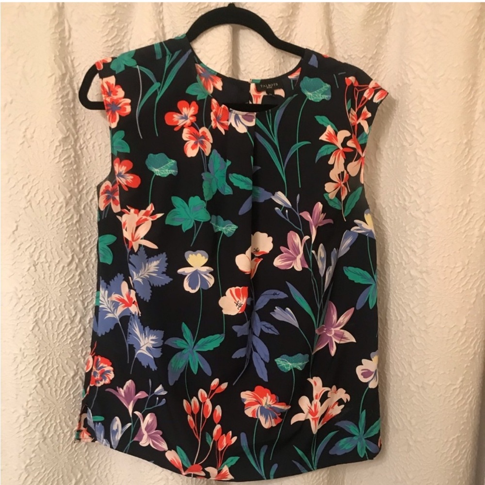 Talbots sleeveless navy floral shell blouse